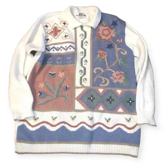 Vintage 90s Womens medium Country Primitive Flower Knit Collared Sweater - Picture 1 of 6